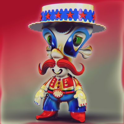 An Illustration of a stylized toy figure with a large hat, colorful face paint, a mustache, and wearing a red, white, and blue outfit with stars. 