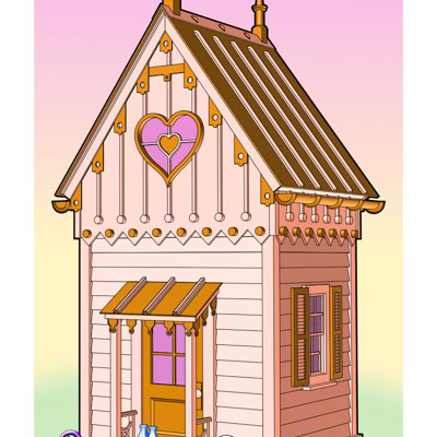 An illustration of a small, ornate house with a heart-shaped window, two purple cat statues at the entrance, two milk bottles on the doorstep and a pink and orange color scheme against a gradient background. 