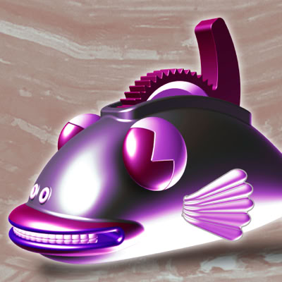 An illustration of a stylized, metallic-looking fish with exaggerated features, including large eyes, a prominent fin on top, and a wide mouth, set against a textured background. 