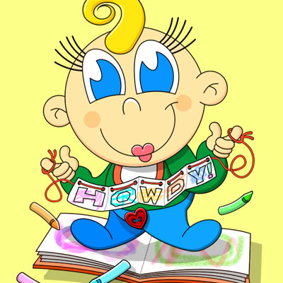An Illustration of a cartoon baby with large blue eyes and a yellow curl, sitting on an open book, holding a string of blocks spelling "HOWDY," surrounded by crayons.