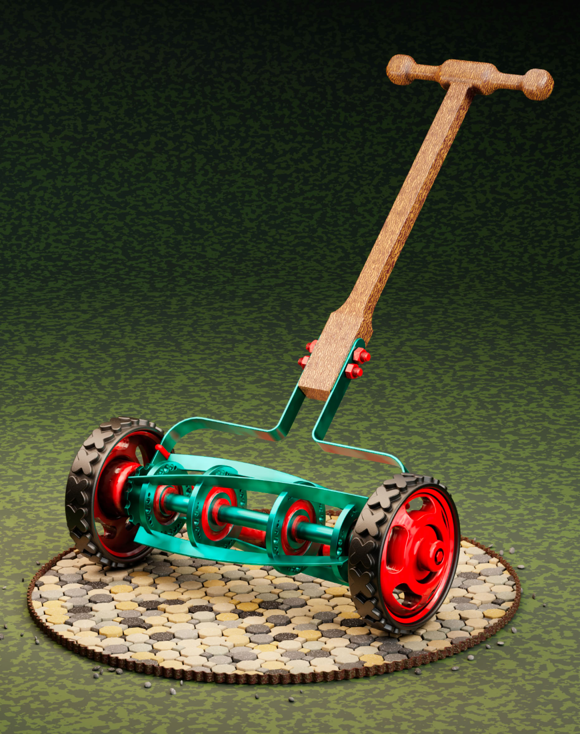 An illustration of a vintage manual lawn mower with a wooden handle, green frame, and red wheels, placed on a circular rustic tile  pad against a green background. Illustration by Wayne Vincent. All rights reserved,