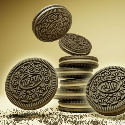 An illustration of cookies with embssed intricate designs and words like "TORPOR" and "MANIA" on them, some stacked and others floating against a gradient background. 
