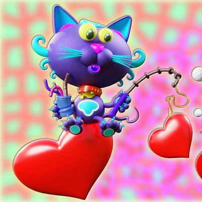 An illustration of a cartoon cat and dog with exaggerated features sitting on red hearts against a colorful background. 