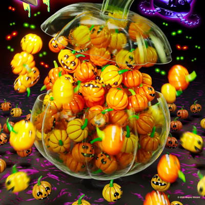An illustration of a glass pumpkin vase filled with small pumpkins, surrounded by more pumpkins, with "Happy Halloween" written in colorful letters above.