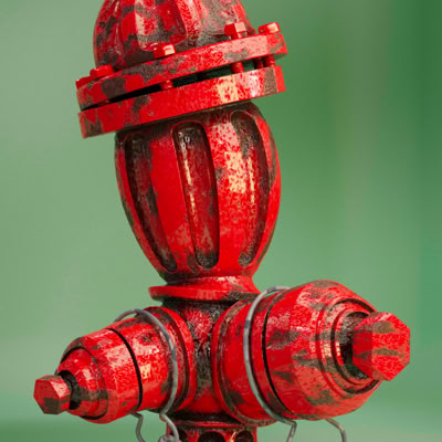 An illustration of a red fire hydrant with a weathered appearance and a chain, set against a green background. 