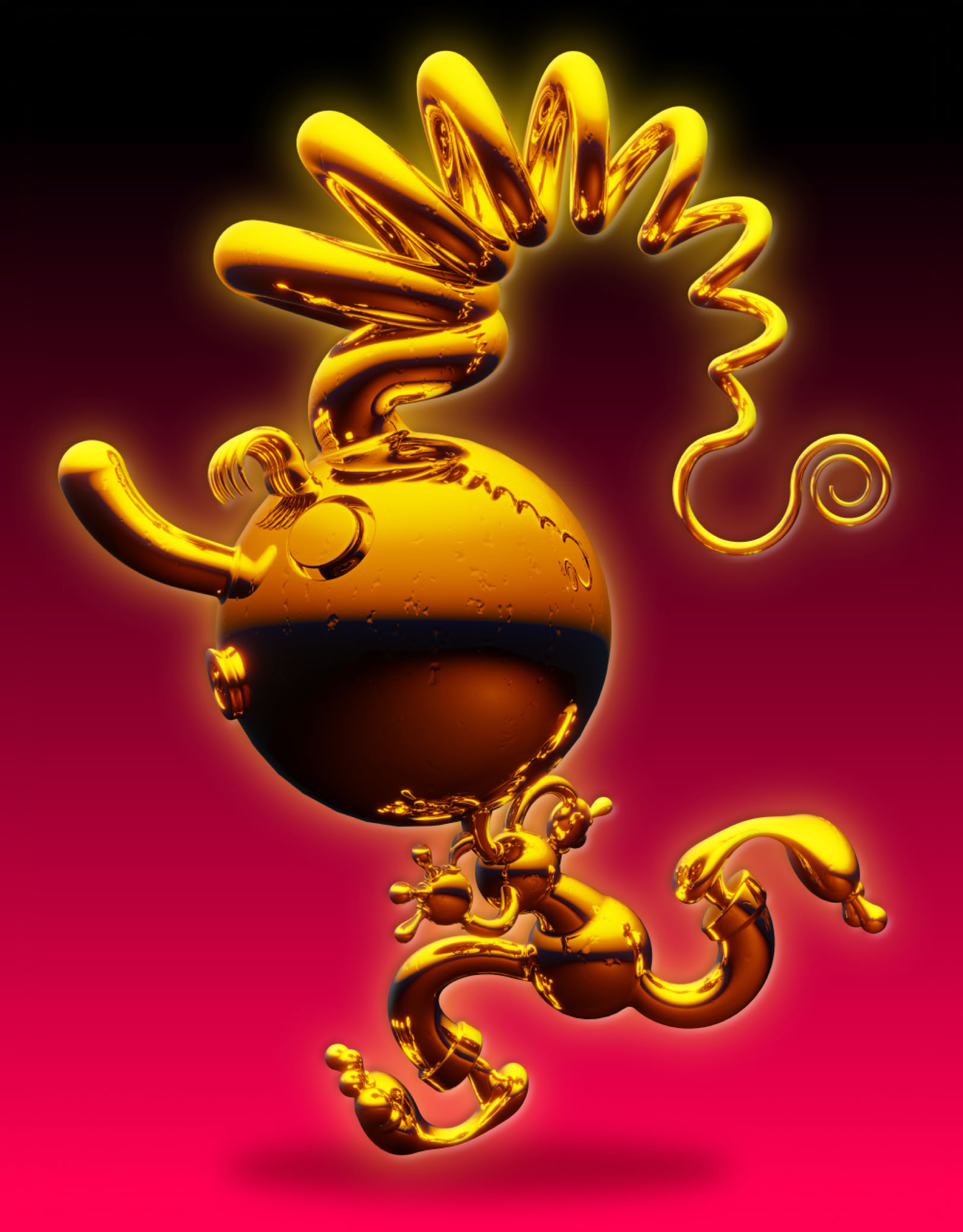 A shiny gold humanoid character sprinting barefoot against a red gradient background.