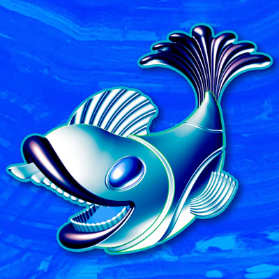 An Illustration of a stylized, metallic-looking fish with a large eye and a grinning open mouth, set against a blue background. 