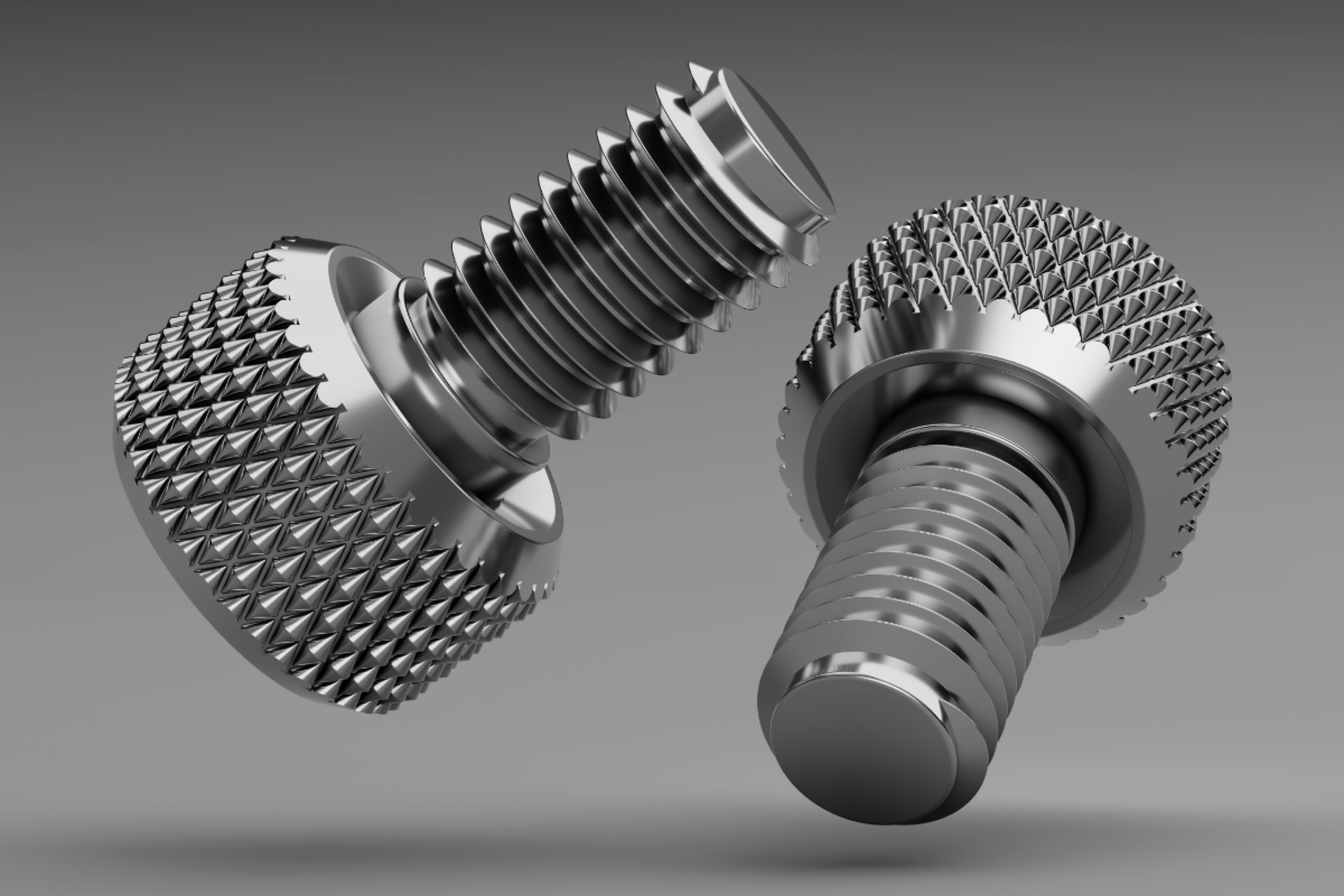 An illustration of two metallic knurled thumb screws on a gray background, one upright and the other tilted. Illustration by Wayne Vincent. All rights reserved,