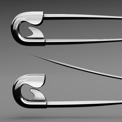 An illustration of two silver safety pins, one closed and one open, on a gray background. Illustration by Wayne Vincent. All rights reserved,